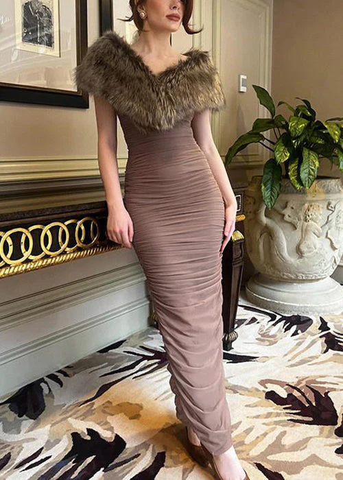 Slim Fit Brown Fur Collar Wrinkled Patchwork Cotton Long Dress Sleeveless - Image 2