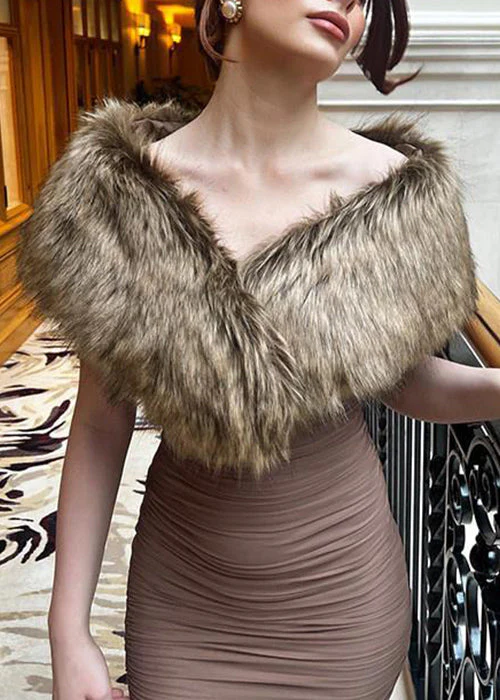Slim Fit Brown Fur Collar Wrinkled Patchwork Cotton Long Dress Sleeveless - Image 3