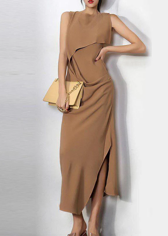 Slim Fit Camel Asymmetrical Side Open Holiday Long Dress Sleeveless - Image 2