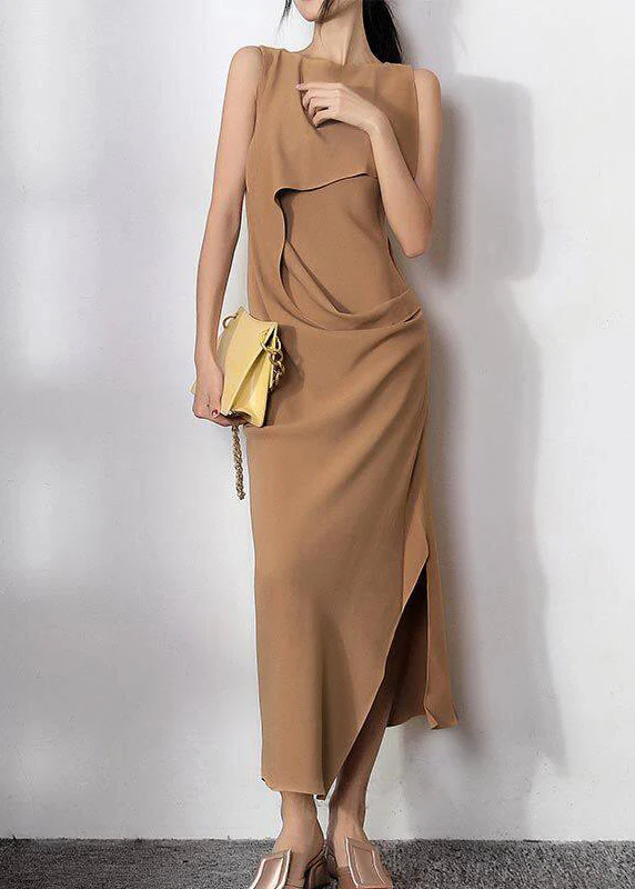 Slim Fit Camel Asymmetrical Side Open Holiday Long Dress Sleeveless - Image 3