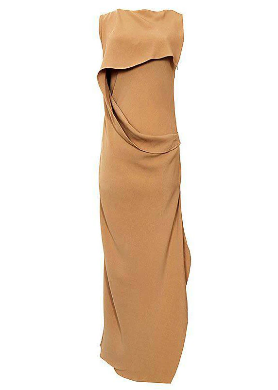Slim Fit Camel Asymmetrical Side Open Holiday Long Dress Sleeveless - Image 5
