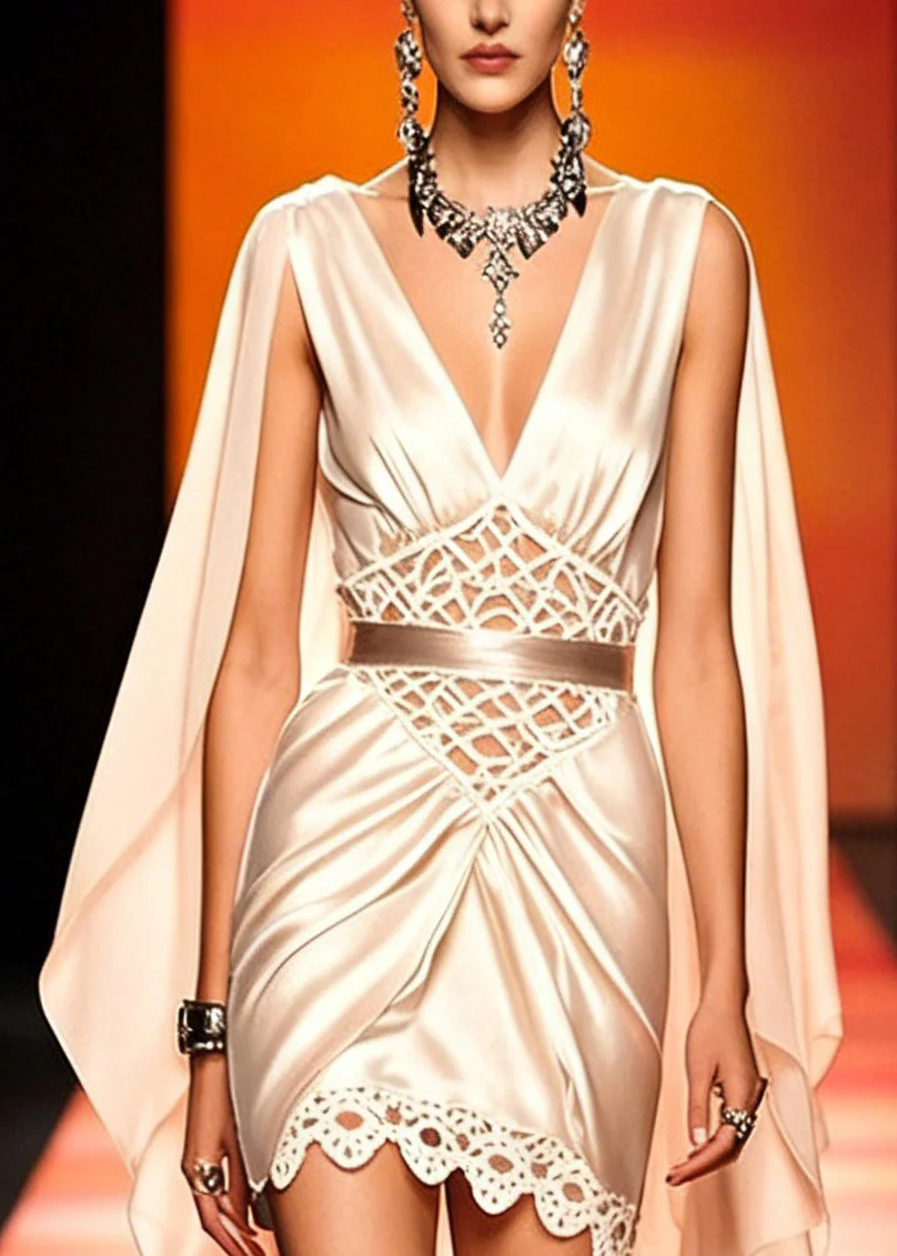 Slim Fit Champagne Color Asymmetrical Hollow Out Patchwork Silk Mid Dress Summer - Image 2