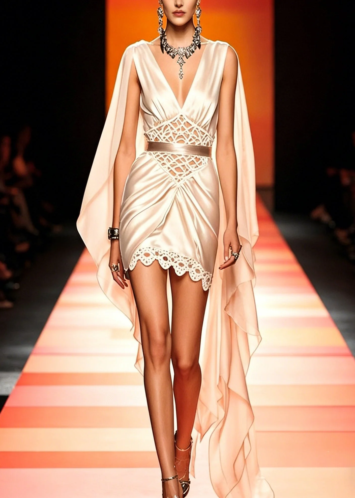Slim Fit Champagne Color Asymmetrical Hollow Out Patchwork Silk Mid Dress Summer - Image 5