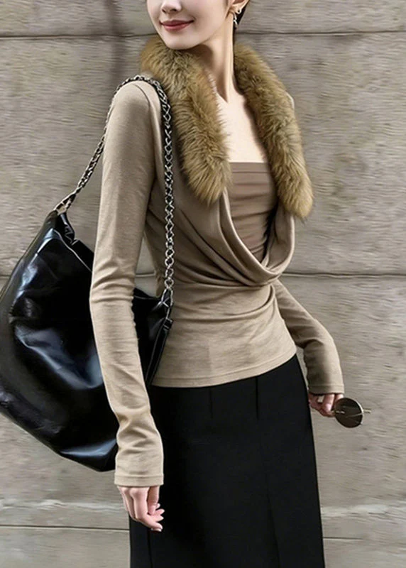 Slim Fit Coffee Fur Collar Patchwork Fake Two-Piece Top Spring