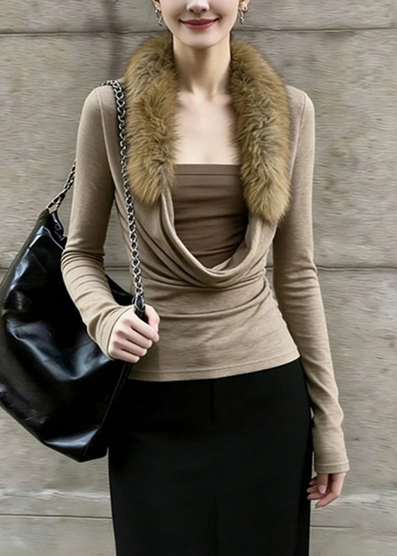 Slim Fit Coffee Fur Collar Patchwork Fake Two-Piece Top Spring - Image 2