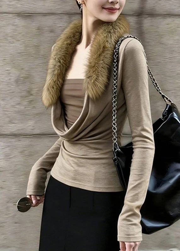 Slim Fit Coffee Fur Collar Patchwork Fake Two-Piece Top Spring - Image 4
