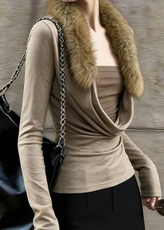 Slim Fit Coffee Fur Collar Patchwork Fake Two-Piece Top Spring - Image 5