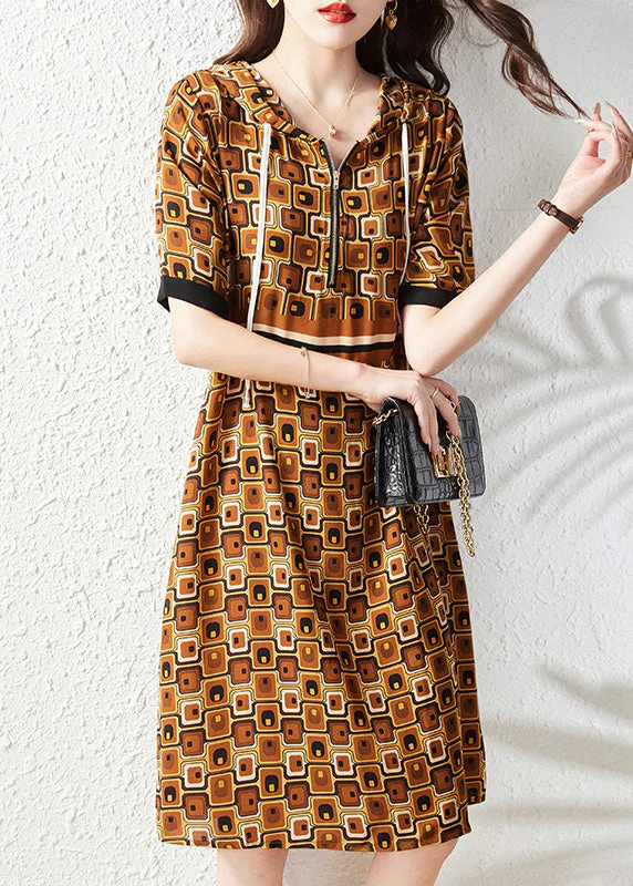 Slim Fit Coffee Print Zippered Hooded Chiffon Maxi Dress Summer - Image 2