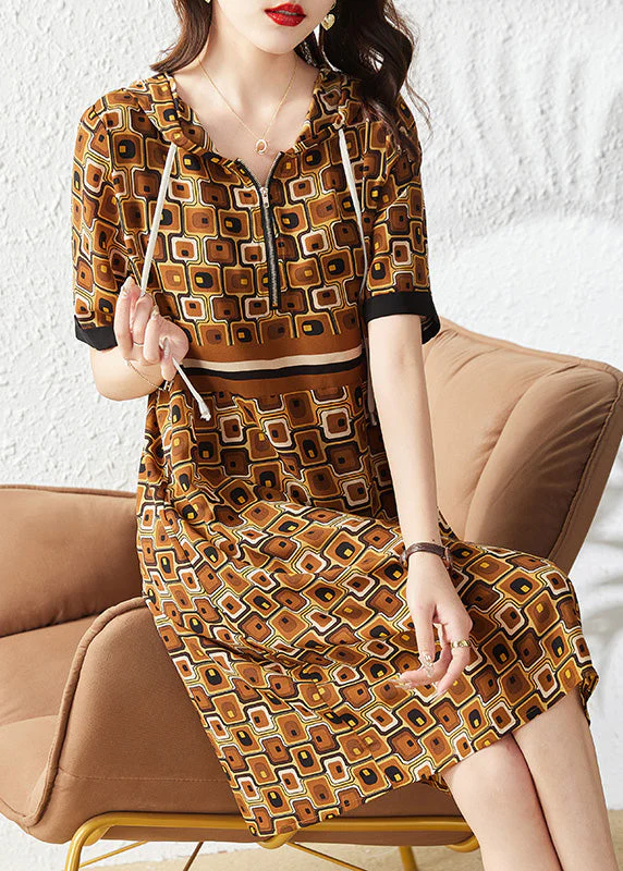 Slim Fit Coffee Print Zippered Hooded Chiffon Maxi Dress Summer - Image 3