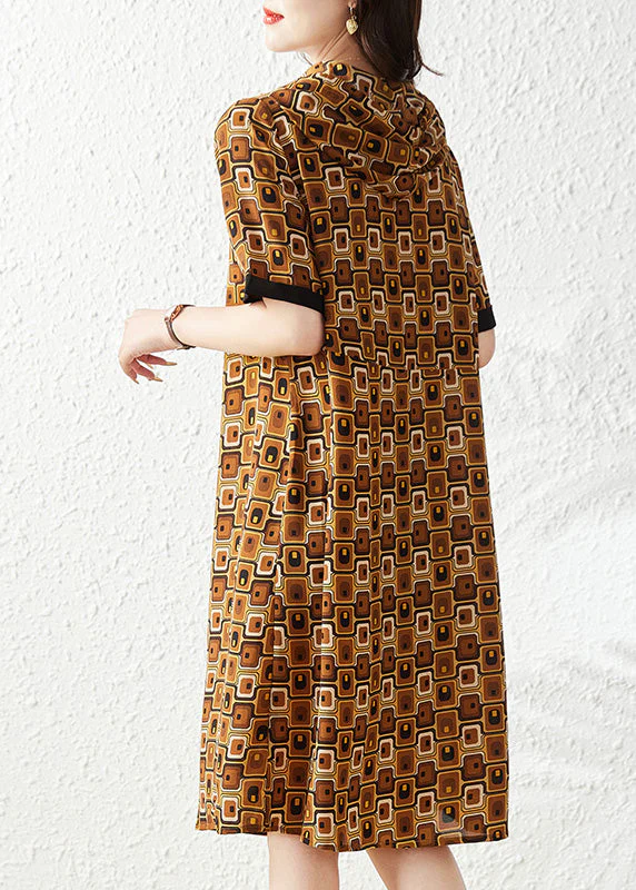 Slim Fit Coffee Print Zippered Hooded Chiffon Maxi Dress Summer - Image 4