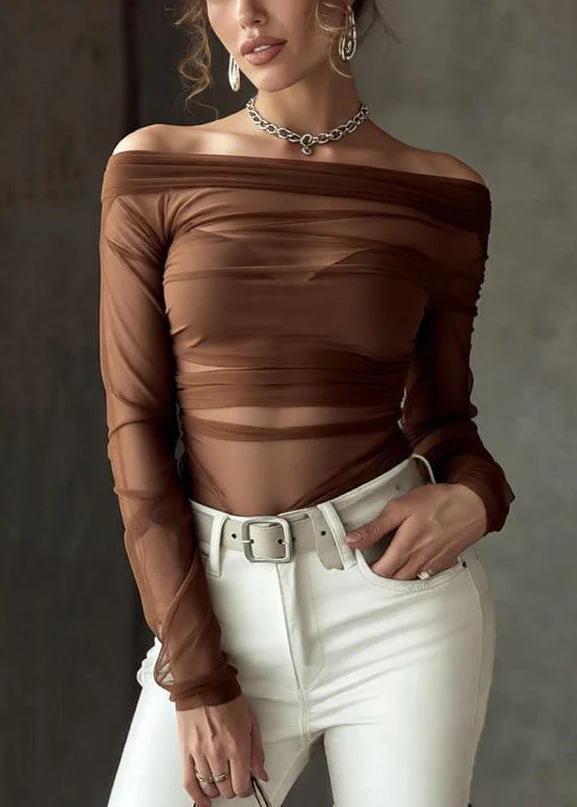 Slim Fit Coffee Slash Neck Thin Perspective Tulle T Shirt Spring