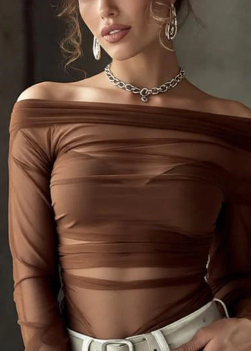 Slim Fit Coffee Slash Neck Thin Perspective Tulle T Shirt Spring - Image 2