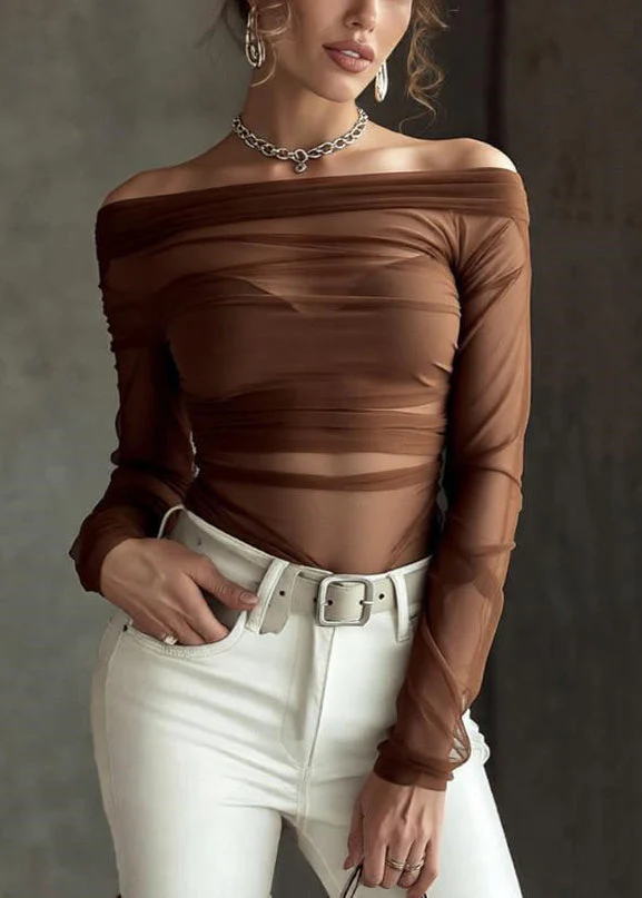 Slim Fit Coffee Slash Neck Thin Perspective Tulle T Shirt Spring - Image 3