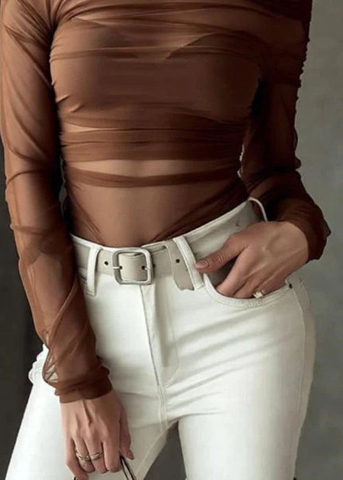 Slim Fit Coffee Slash Neck Thin Perspective Tulle T Shirt Spring - Image 4