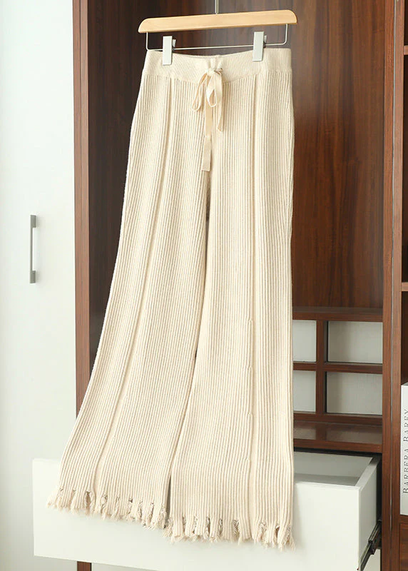 Slim Fit Coffee Tasseled Drawstring Knit Flared Trousers Spring - Image 2