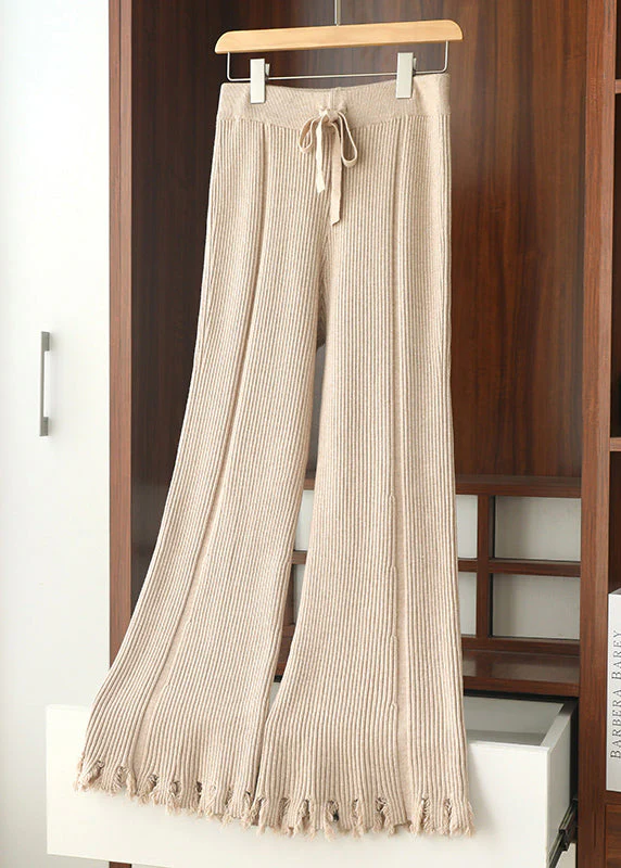 Slim Fit Coffee Tasseled Drawstring Knit Flared Trousers Spring - Image 4