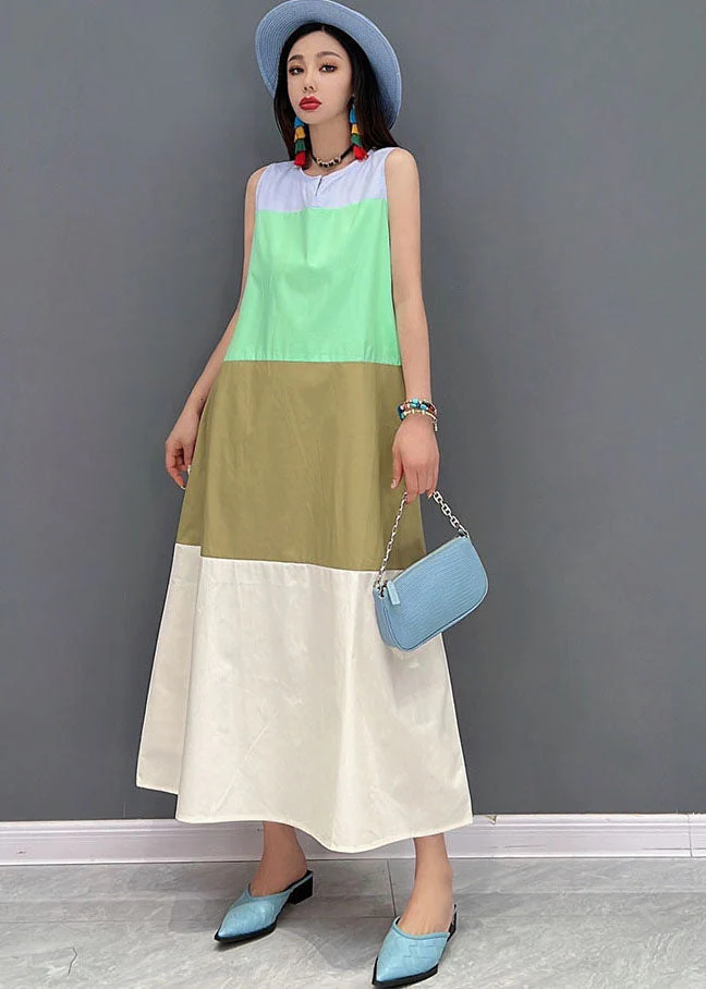 Slim Fit Colorblock O-Neck Patchwork Cotton Holiday Long Dress Sleeveless - Image 2