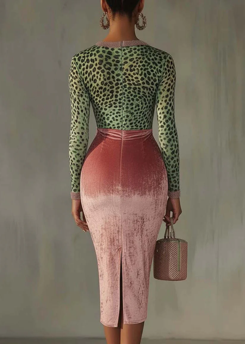 Slim Fit Colorblock V Neck Velour Dresses Spring - Image 3