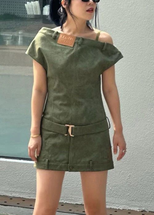 Slim Fit Green Asymmetrical High Waist Denim Mini Dresses Summer - Image 2