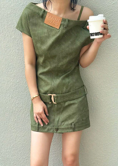 Slim Fit Green Asymmetrical High Waist Denim Mini Dresses Summer - Image 3