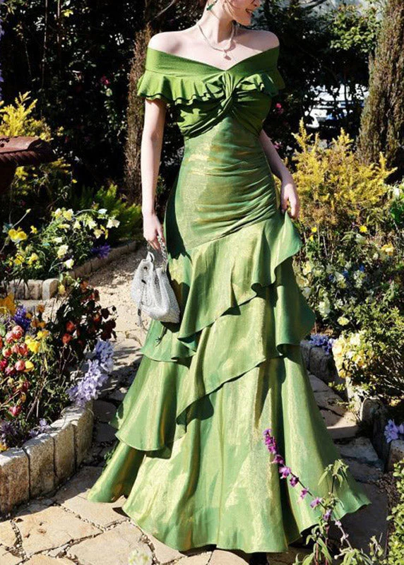 Slim Fit Green Asymmetrical Patchwork Long Dress Short Sleeve - Image 2