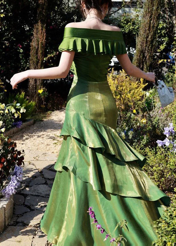 Slim Fit Green Asymmetrical Patchwork Long Dress Short Sleeve - Image 5