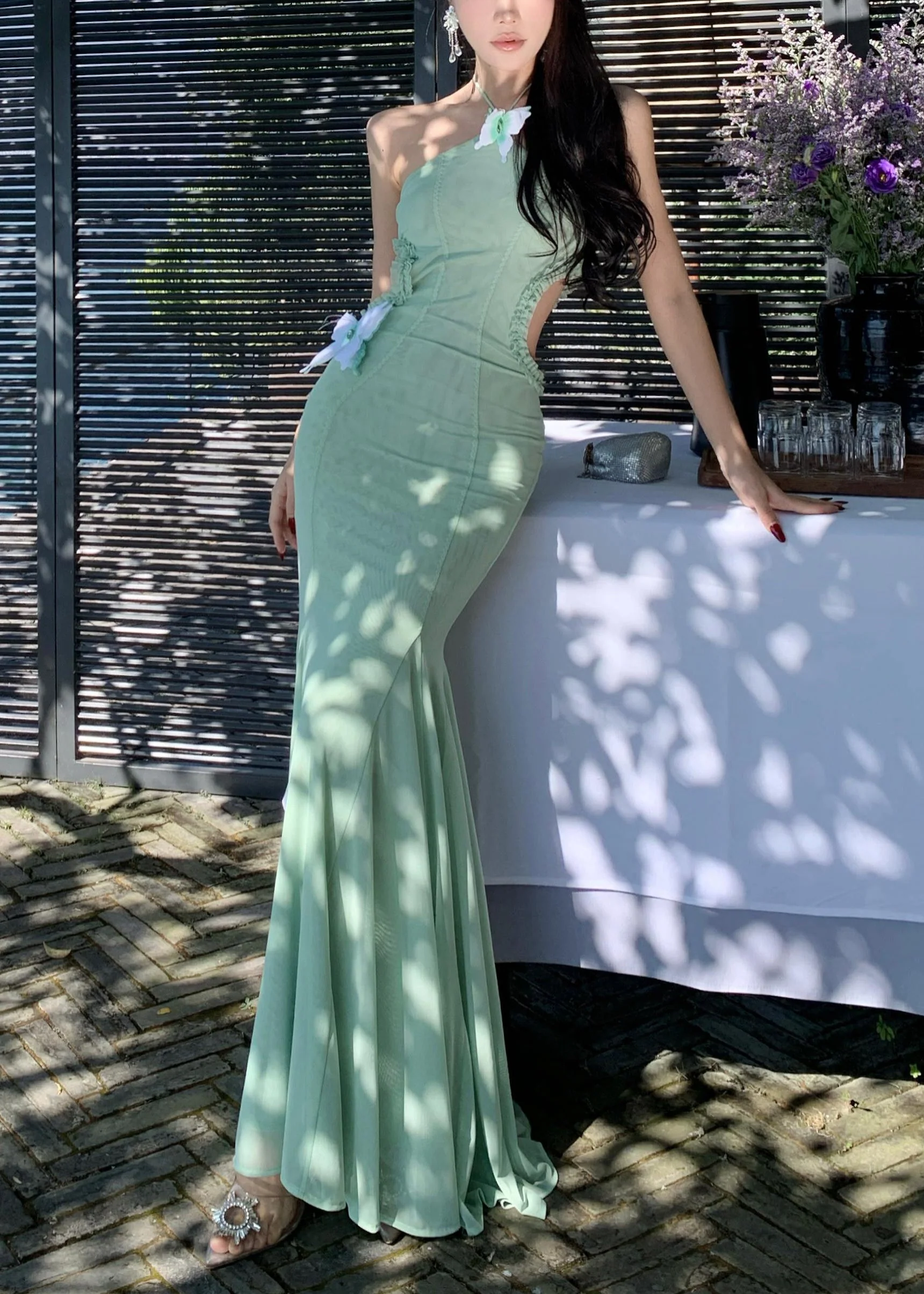 Slim Fit Green Butterfly Hollow Out Tulle Fishtail Dresses Summer - Image 2