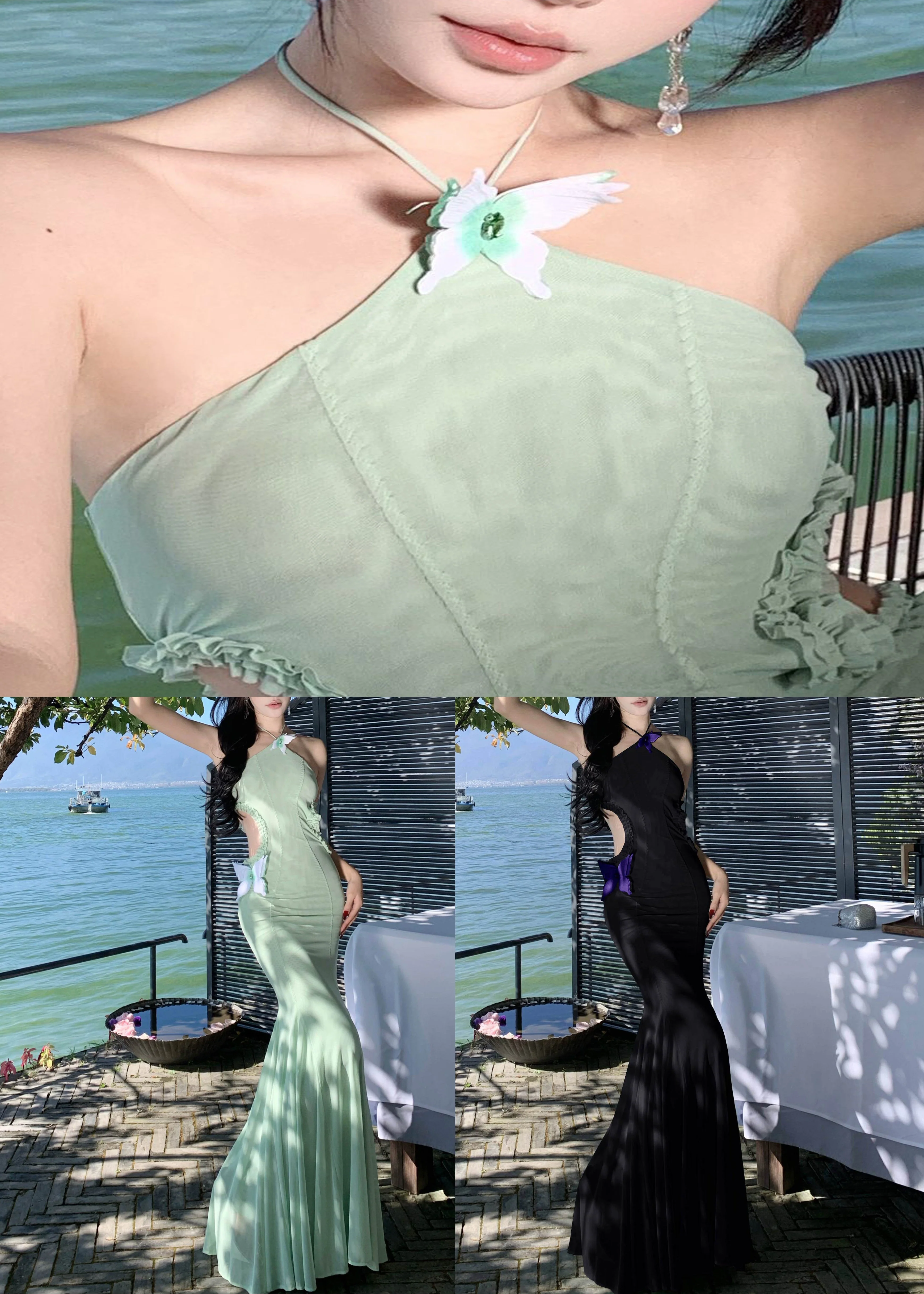 Slim Fit Green Butterfly Hollow Out Tulle Fishtail Dresses Summer - Image 5