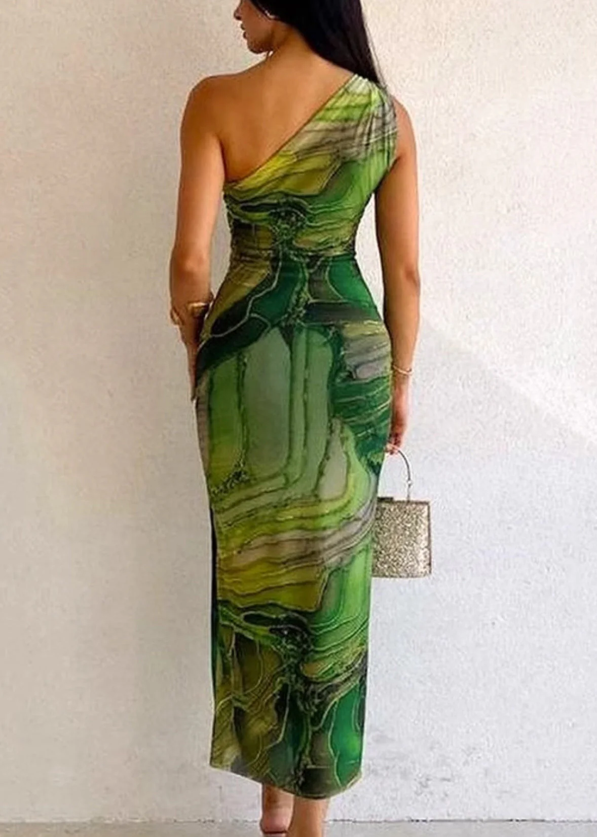 Slim Fit Green Cold Shoulder Print Cotton Long Dress Sleeveless - Image 4