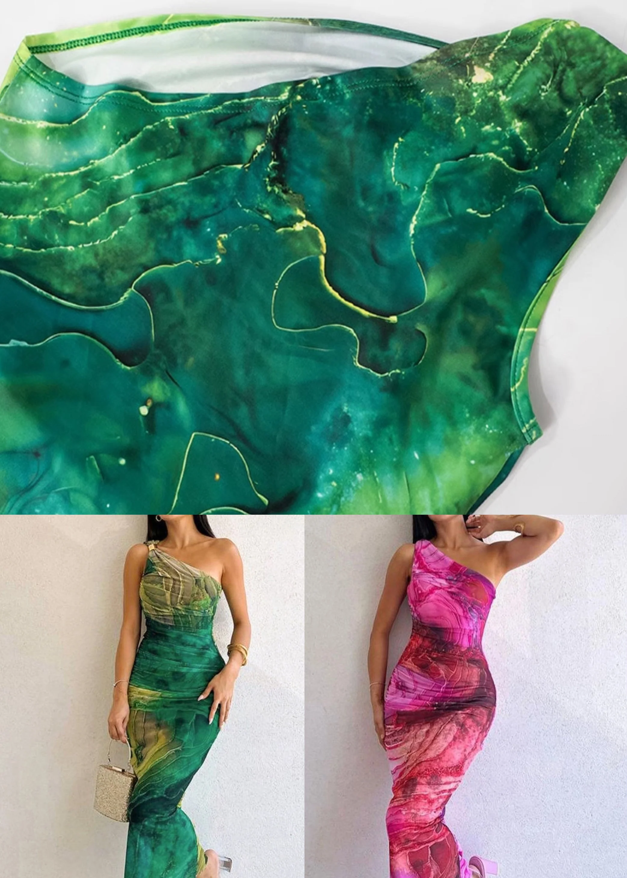Slim Fit Green Cold Shoulder Print Cotton Long Dress Sleeveless - Image 5