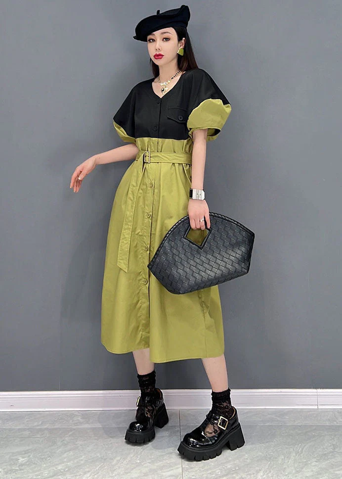 Slim Fit Green Colorblock V Neck Patchwork Sashes Cotton Shirt Dress Puff Sleeve - Image 3