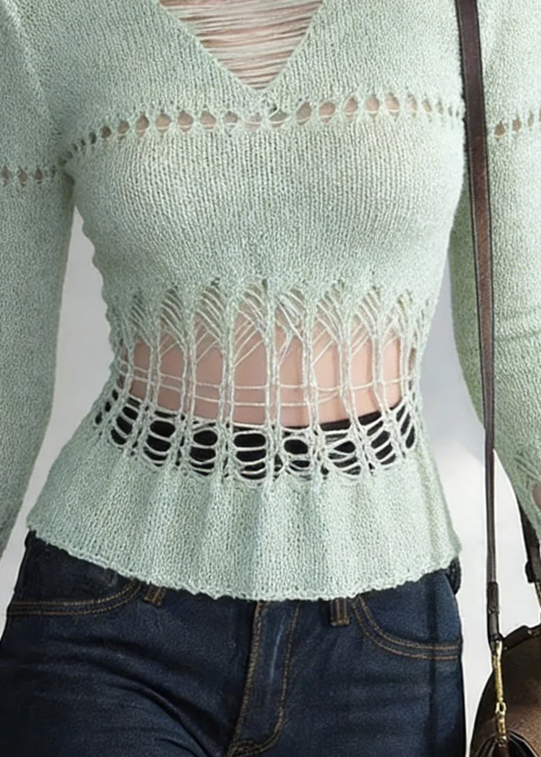 Slim Fit Green Hollow Out Solid Knit T Shirt Spring - Image 4