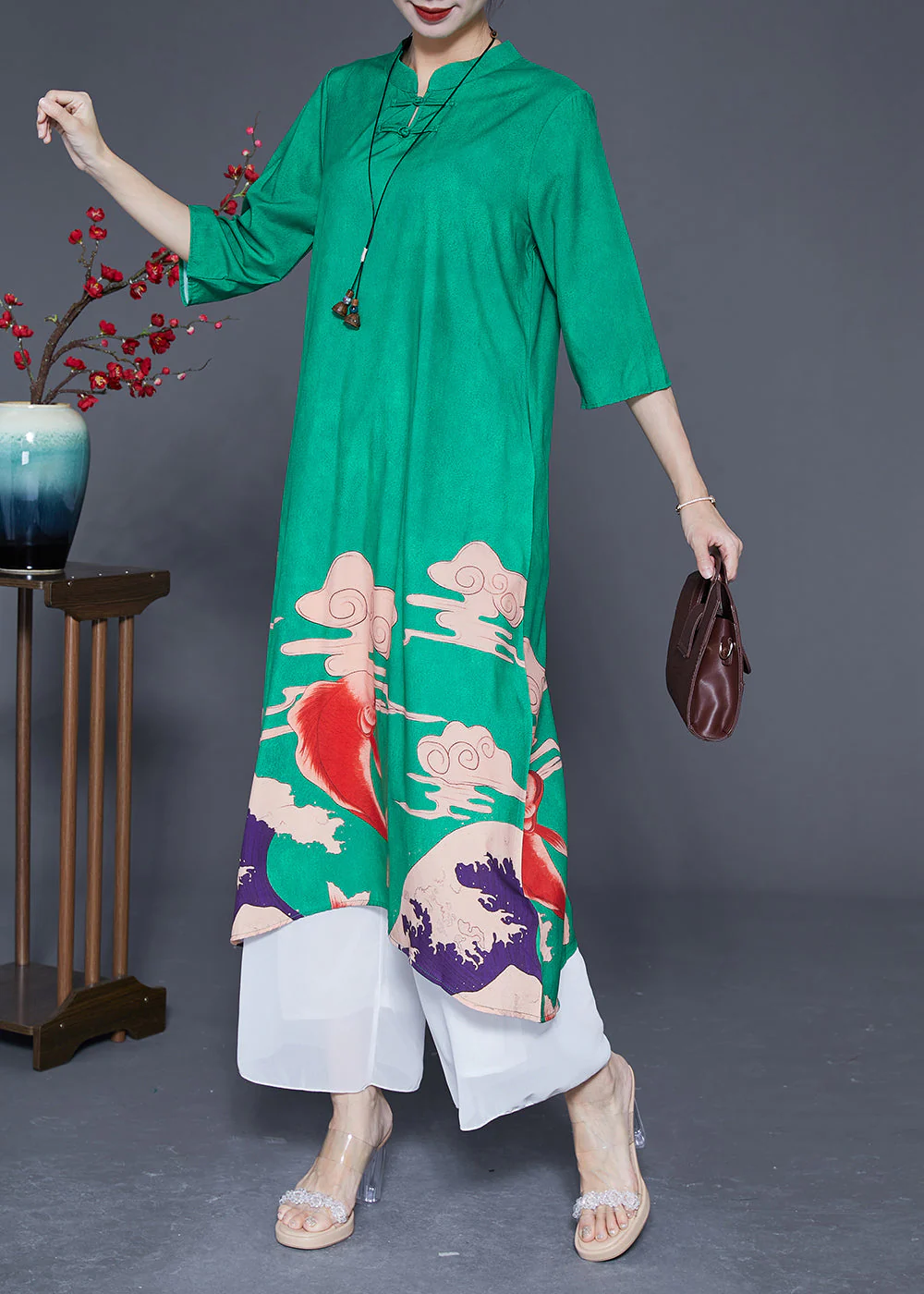 Slim Fit Green Mandarin Collar Chinese Button Print Silk Dresses Summer - Image 3