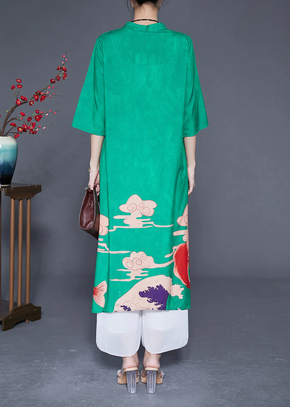 Slim Fit Green Mandarin Collar Chinese Button Print Silk Dresses Summer - Image 4