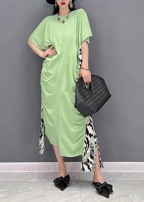 Slim Fit Green O-Neck Asymmetrical Patchwork Wrinkled Chiffon Dress Short Sleeve - Image 2