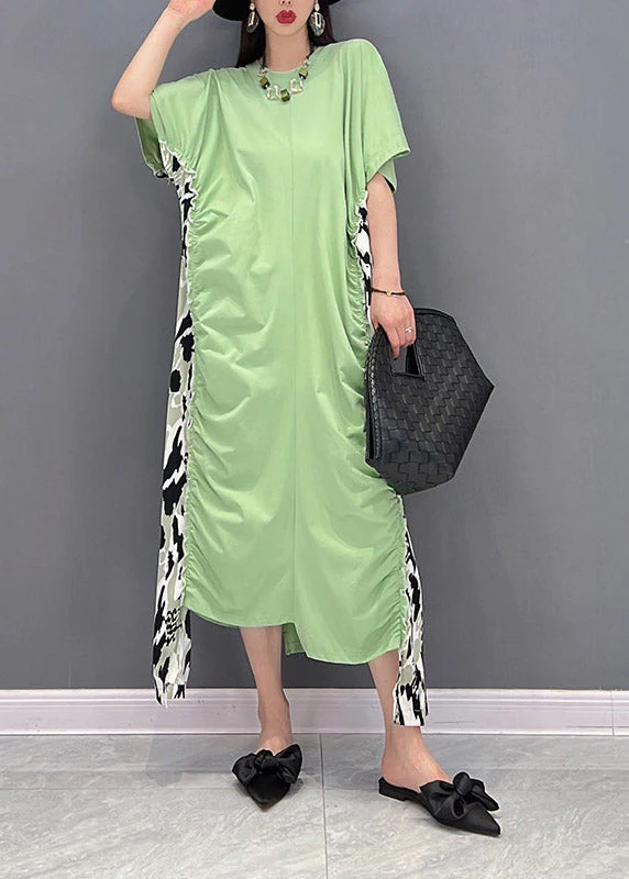 Slim Fit Green O-Neck Asymmetrical Patchwork Wrinkled Chiffon Dress Short Sleeve - Image 3