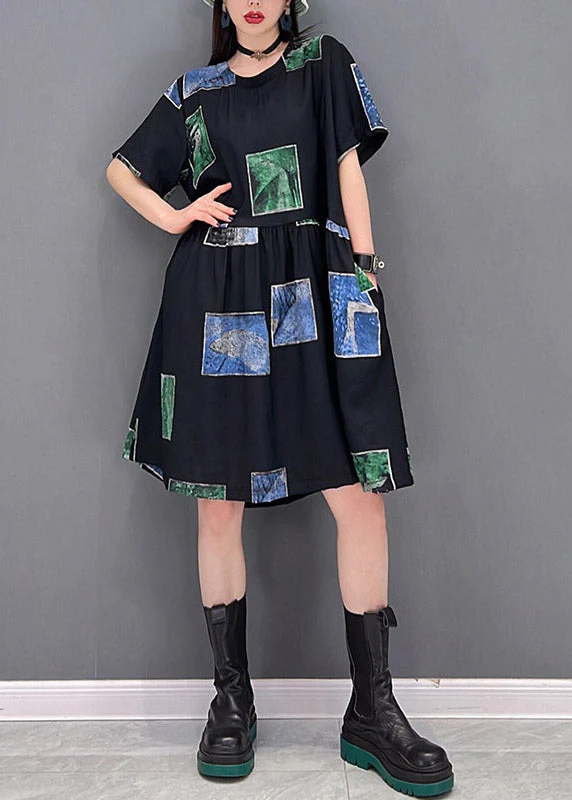 Slim Fit Green O-Neck Asymmetrical Print Wrinkled Pockets Dress Short Sleeve - Image 2