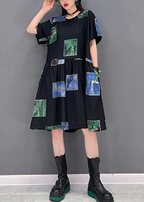 Slim Fit Green O-Neck Asymmetrical Print Wrinkled Pockets Dress Short Sleeve - Image 3