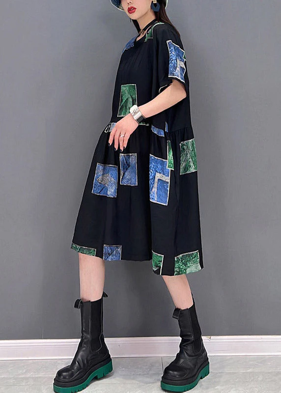 Slim Fit Green O-Neck Asymmetrical Print Wrinkled Pockets Dress Short Sleeve - Image 4