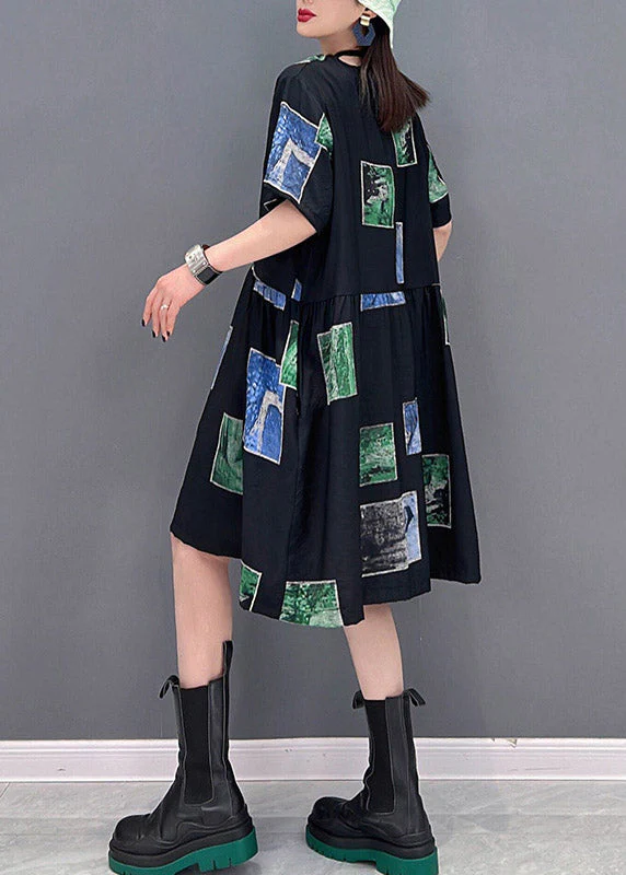 Slim Fit Green O-Neck Asymmetrical Print Wrinkled Pockets Dress Short Sleeve - Image 5