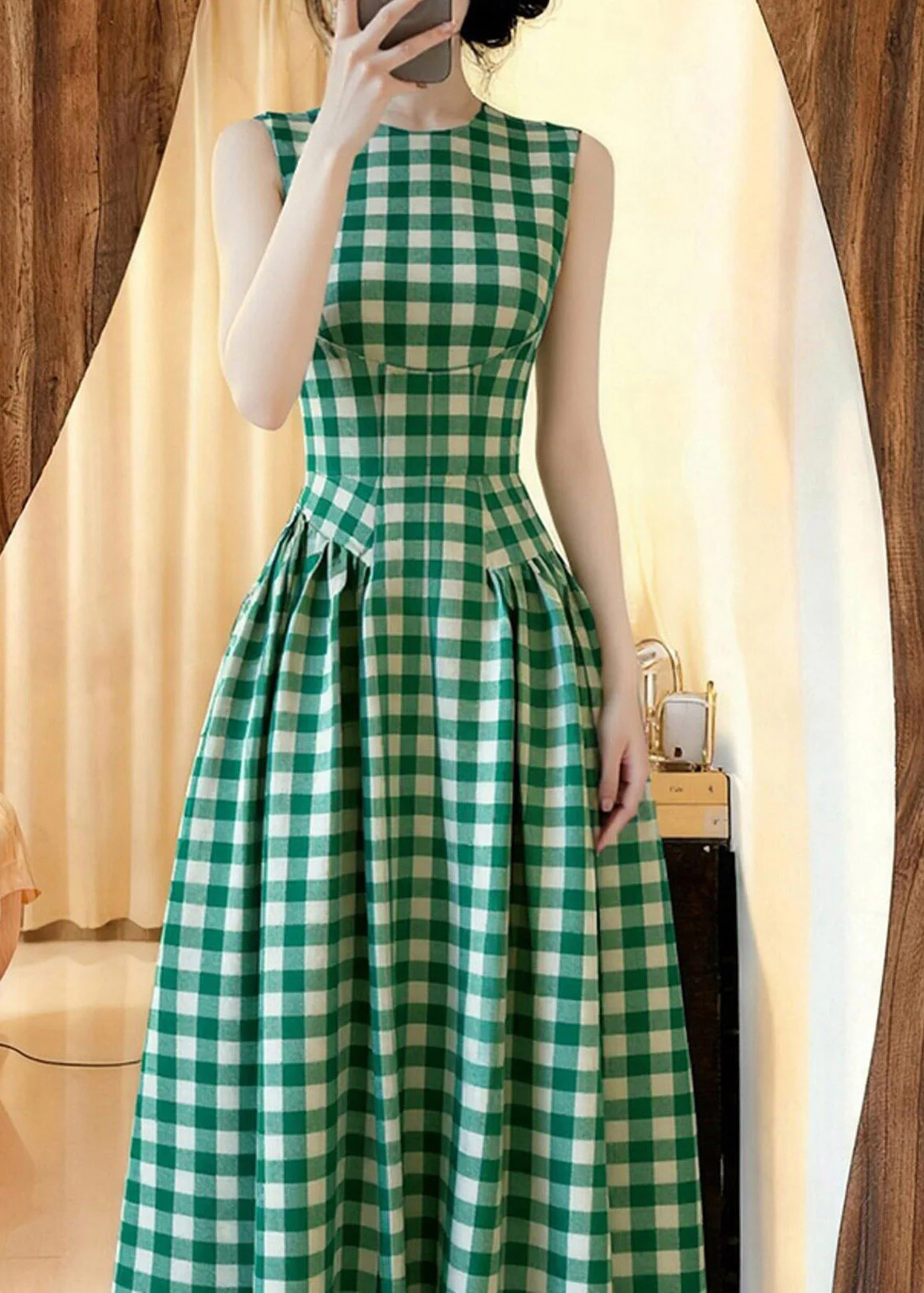 Slim Fit Green O-Neck Plaid Tunic Long Dresses Summer - Image 3