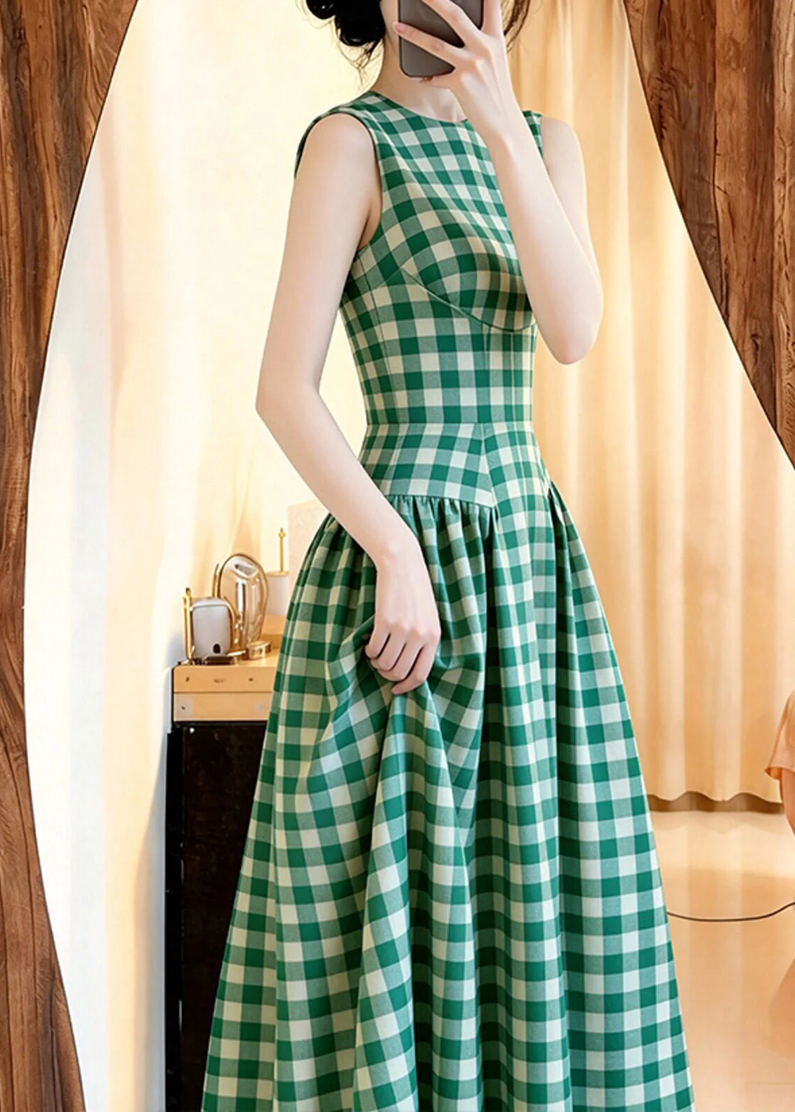 Slim Fit Green O-Neck Plaid Tunic Long Dresses Summer - Image 5