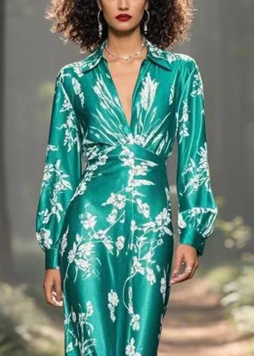 Slim Fit Green Peter Pan Collar Print High Waist Silk Long Dresses Spring - Image 2