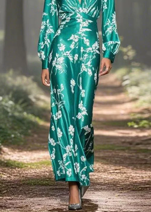 Slim Fit Green Peter Pan Collar Print High Waist Silk Long Dresses Spring - Image 4