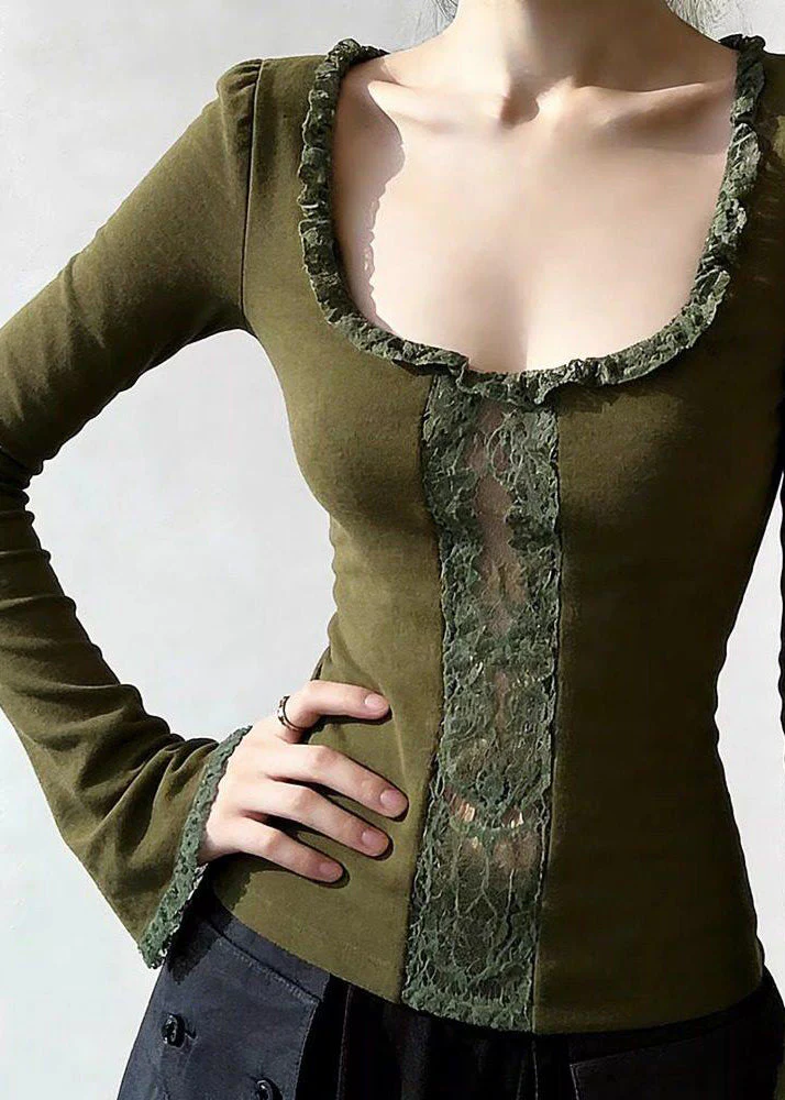 Slim Fit Green Ruffled Lace Patchwork Cotton T Shirts Spring - Image 3