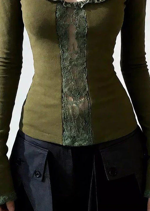 Slim Fit Green Ruffled Lace Patchwork Cotton T Shirts Spring - Image 5