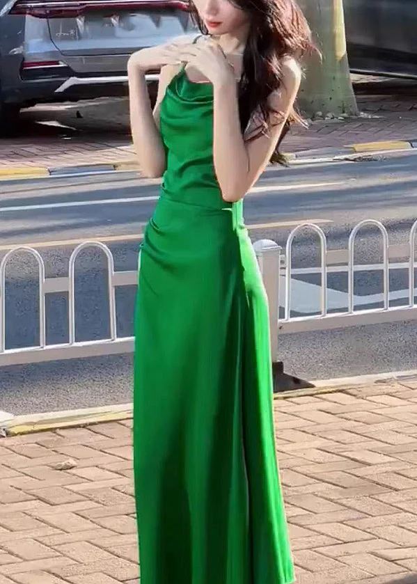 Slim Fit Green Square Collar High Waist Cotton Spaghetti Strap Dress Sleeveless - Image 3