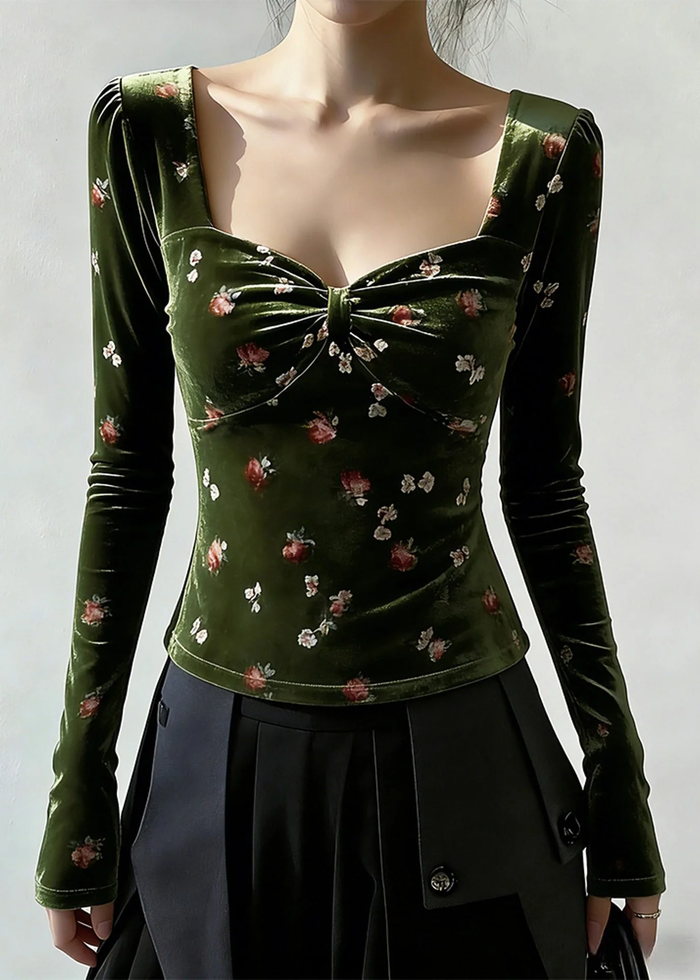 Slim Fit Green Square Collar Print Silk Velour T Shirt Spring - Image 2