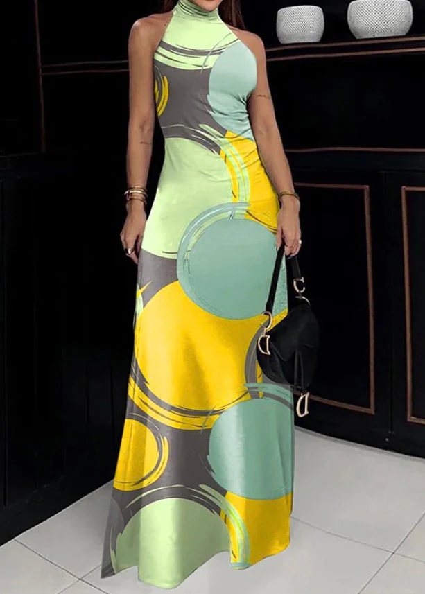 Slim Fit Green Turtleneck Print Cotton Maxi Dress Sleeveless - Image 3