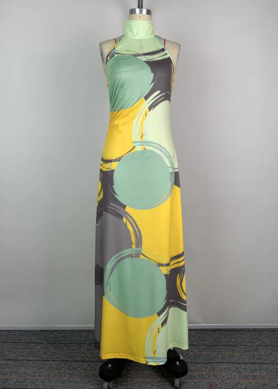Slim Fit Green Turtleneck Print Cotton Maxi Dress Sleeveless - Image 5